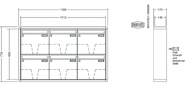 RENZ Briefkastenanlage Aufputz RS2000 Kastenformat 370x330x145mm, 6-teilig, Renz Nummer 10-0-35923